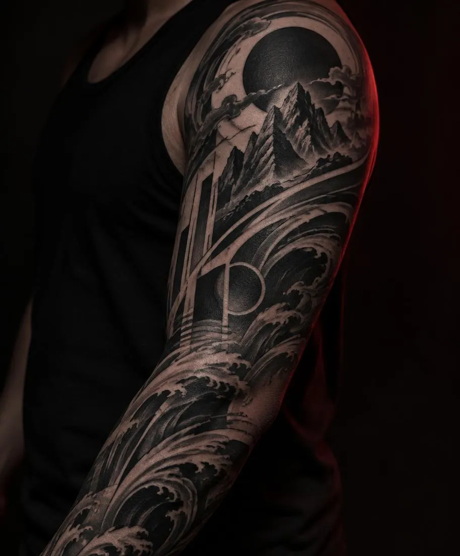 Tatuagem blackwork com sombras de alto contraste no braço