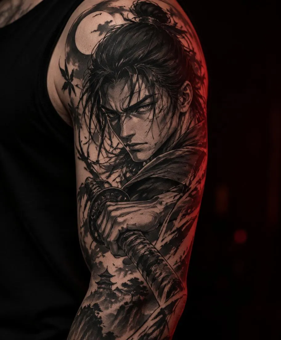 Tatuagem estilo mangá e anime de personagem samurai autoral